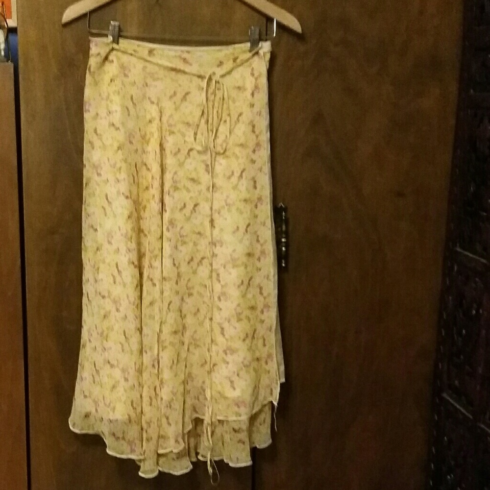 MIGUELINA - Sheer Yellow Floral Wrap Skirt -Large
